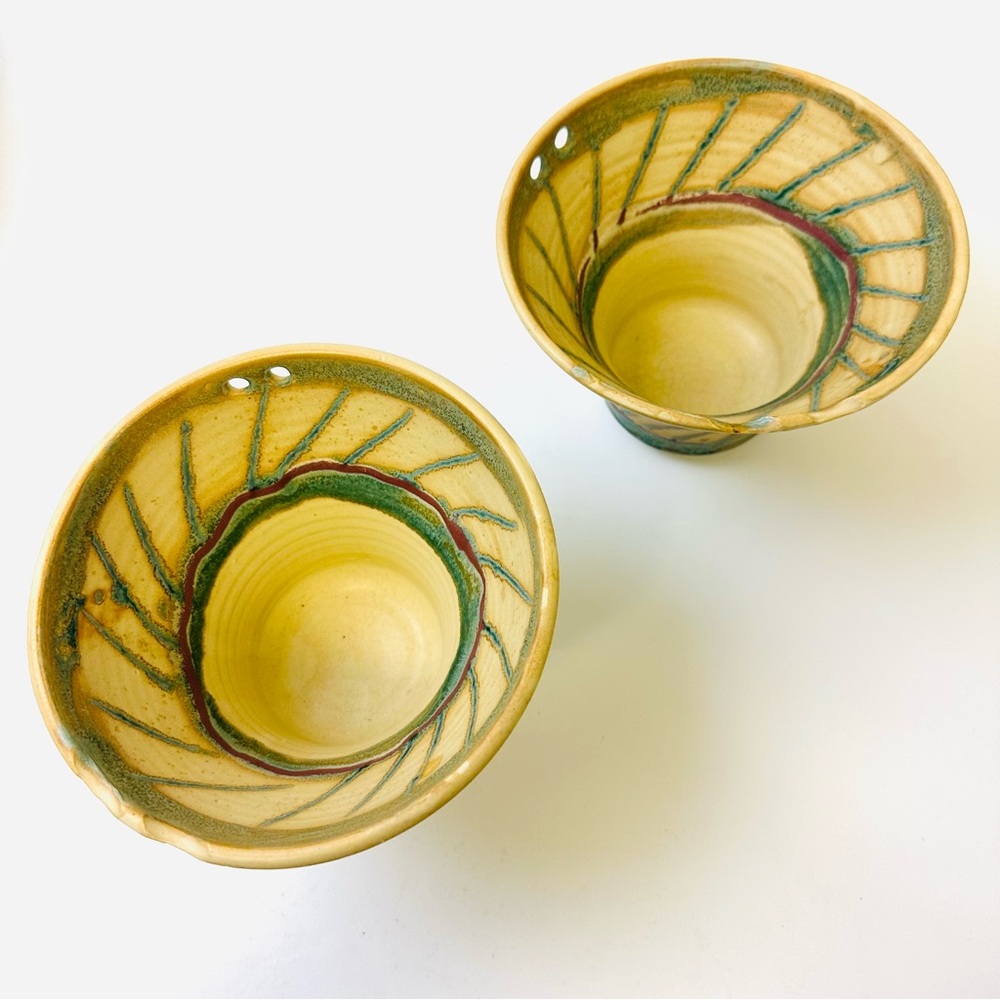 Handmade Signed Studio Pottery Noodle Bowls Chop Stick Keeper Tan Green Maroon